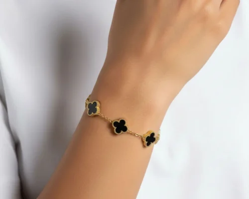 Pulsera De Acero Flor 5 Hojas Negro Dorado