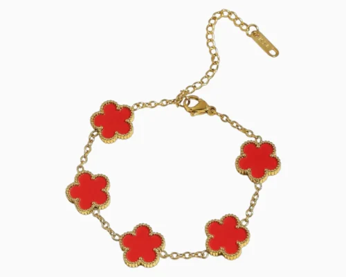 Pulsera De Acero Flor 5 Hojas Rojo Dorado