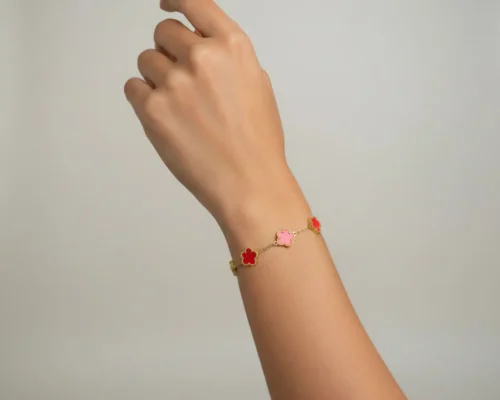Pulsera De Acero Flor 5 Hojas Rojo Dorado