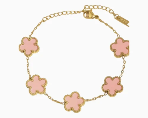 Pulsera De Acero Flor 5 Hojas Rosa Dorado