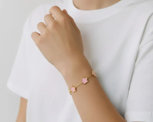 Pulsera De Acero Flor 5 Hojas Rosa Dorado