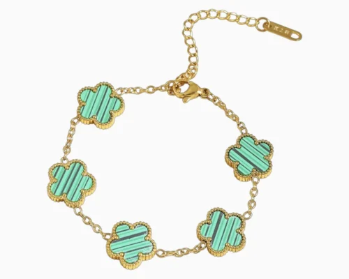 Pulsera De Acero Flor 5 Hojas Verde Dorado