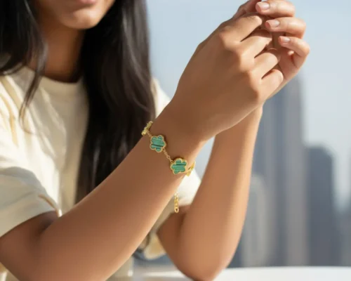 Pulsera De Acero Flor 5 Hojas Verde Dorado