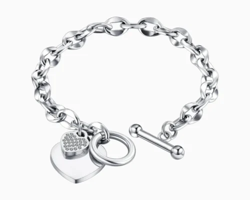 Pulsera De Acero Placa Corazón Doble