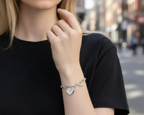 Pulsera De Acero Placa Corazón Doble