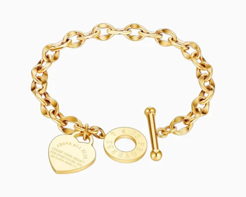 Pulsera De Acero Placa Corazon Dorado