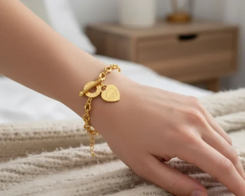 Pulsera De Acero Placa Corazon Dorado