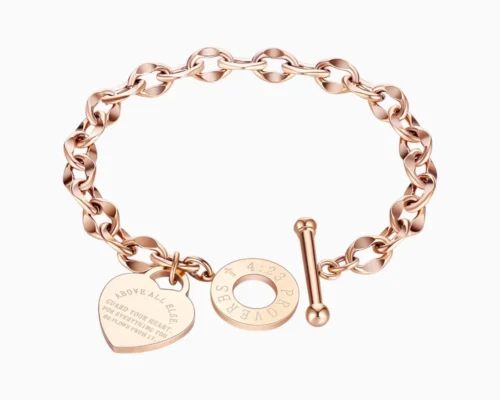 Pulsera De Acero Placa Corazon Rosa