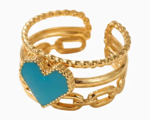 Anillo De Acero Corazon Azul Eslabones