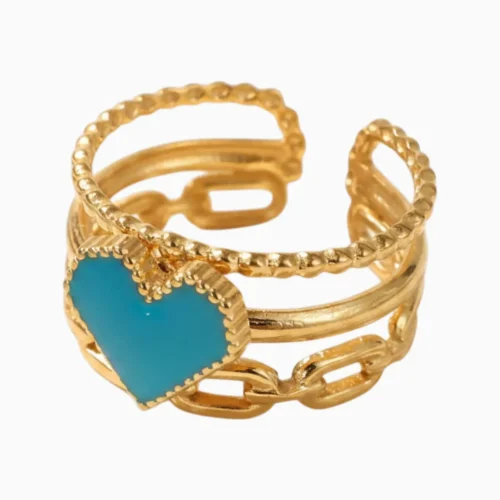 Anillo De Acero Corazon Azul Eslabones