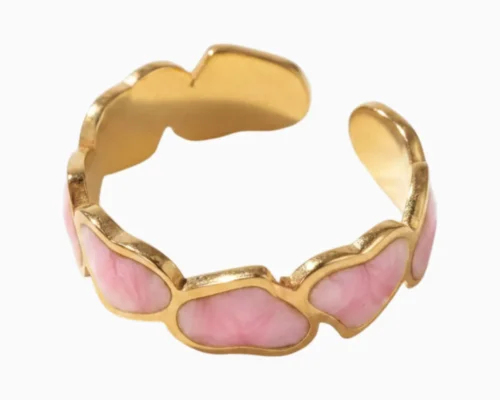 Anillo De Acero Corazones Rosas Ajustable