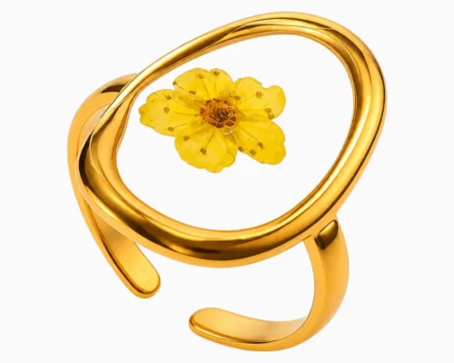 Anillo De Acero Dibujo Floral Amarillo