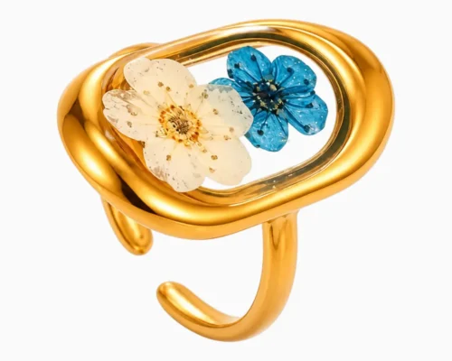 Anillo De Acero Dibujo Floral Dos Flores