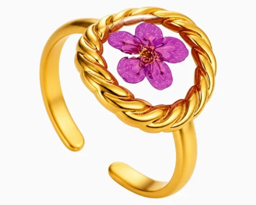 Anillo De Acero Dibujo Floral Morado