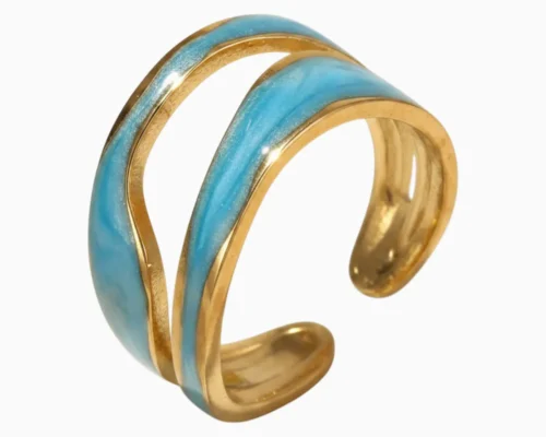 Anillo De Acero Doble Onda Azul Ajustable