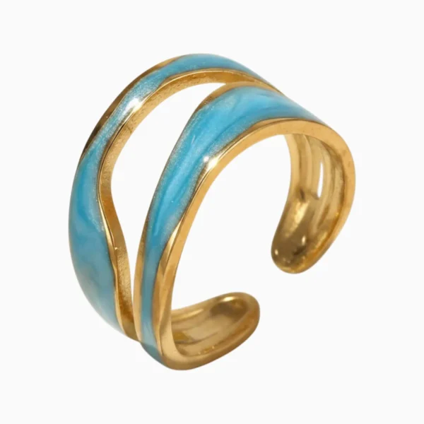 Anillo De Acero Doble Onda Azul Ajustable