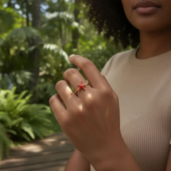 Anillo De Acero Estrella De Mar Rojo Ajustable
