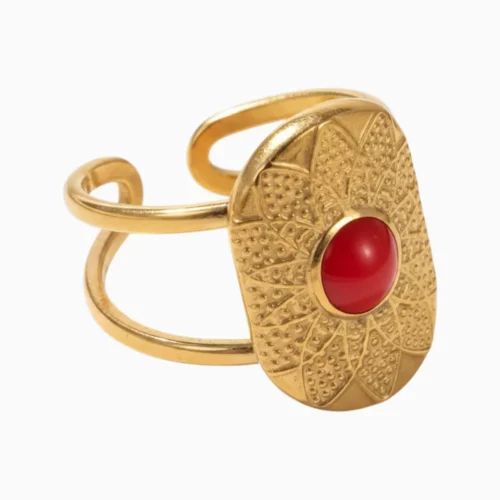Anillo De Acero Flor Centro Rojo