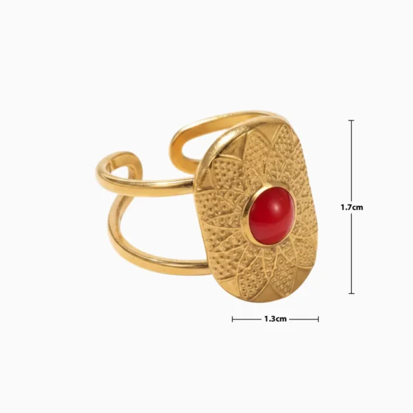 Anillo De Acero Flor Centro Rojo