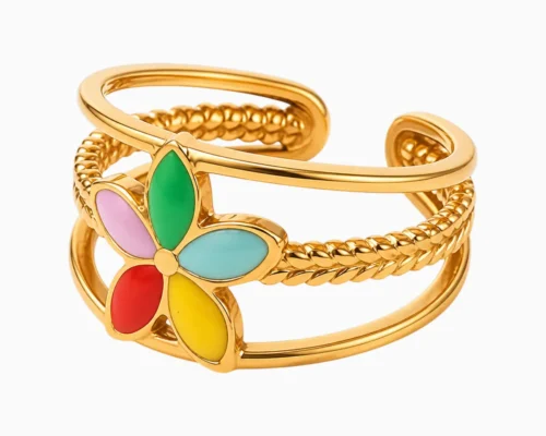 Anillo De Acero Flor Multicolor Ajustable