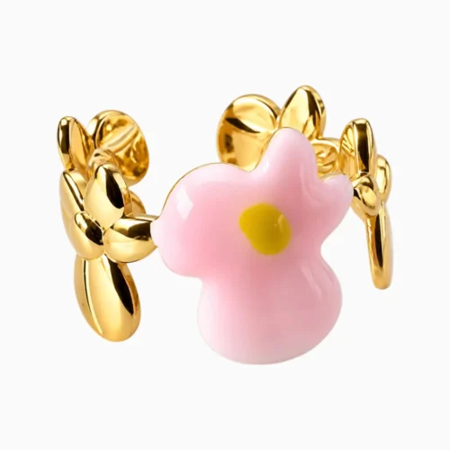 Anillo De Acero Flor Rosa Ajustable