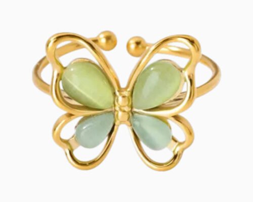 Anillo De Acero Mariposa Verde Ajustable
