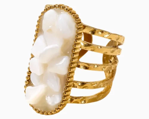 Anillo De Acero Piedra Blanca Grande