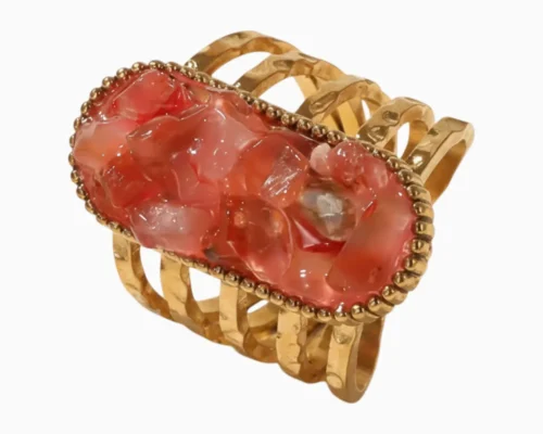 Anillo De Acero Piedra Roja 5 Bandas