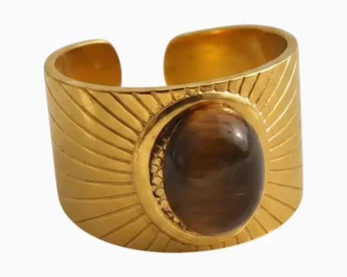 Anillo De Acero Rayado Cafe Ajustable