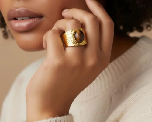 Anillo De Acero Rayado Cafe Ajustable