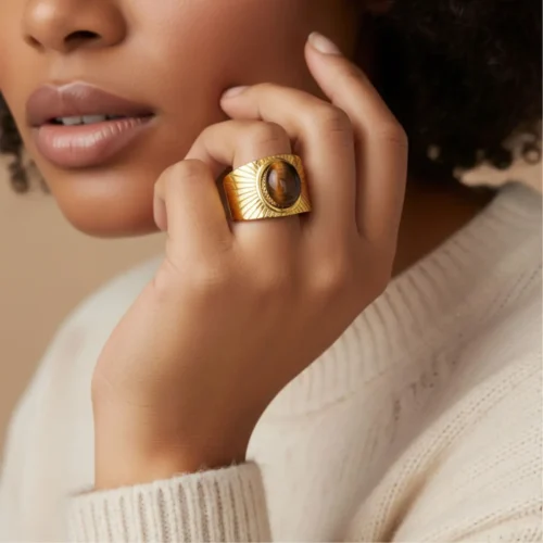 Anillo De Acero Rayado Cafe Ajustable