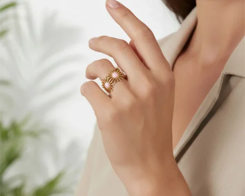 Anillo De Acero Sol Centro Rosa Ajustable