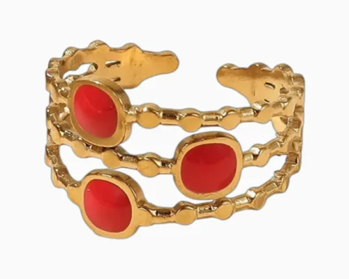 Anillo De Acero Triple Cuadro Rojo Ajustable