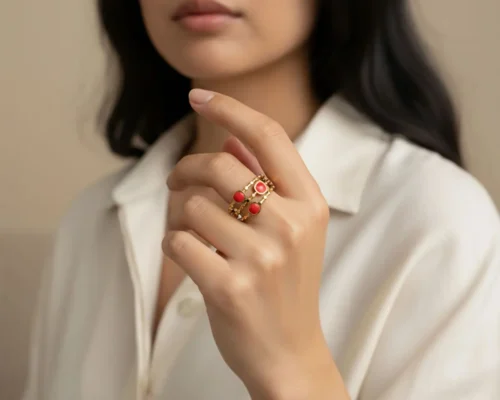 Anillo De Acero Triple Cuadro Rojo Ajustable