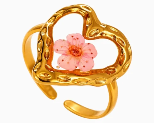 Anillo De Acero Dibujo Floral Rosa Corazón