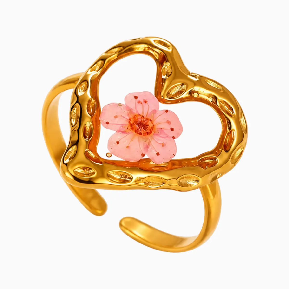 Anillo De Acero Dibujo Floral Rosa Corazón