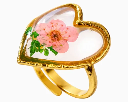 Anillo De Acero Dibujo Floral Rosa Corazon Alto