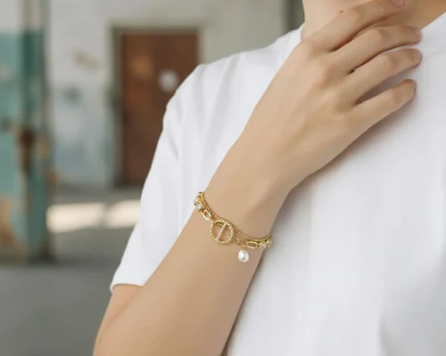 Pulsera De Oro Cuentas Con Perla