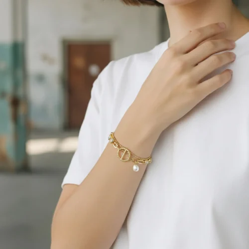 Pulsera De Oro Cuentas Con Perla