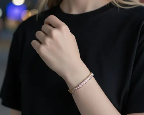 Pulsera De Oro Tenis Rosa Brillante