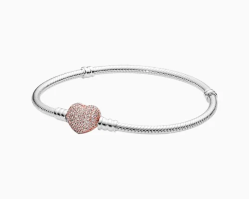Pulsera De Plata Charms Corazon Brillante Rosa