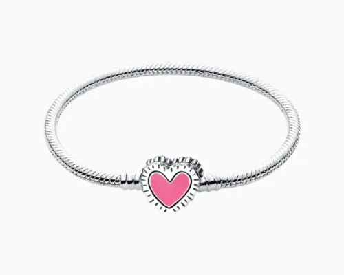 Pulsera De Plata Charms Corazon Rosa