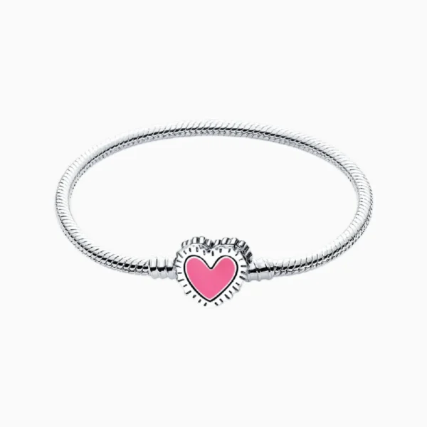 Pulsera De Plata Charms Corazon Rosa