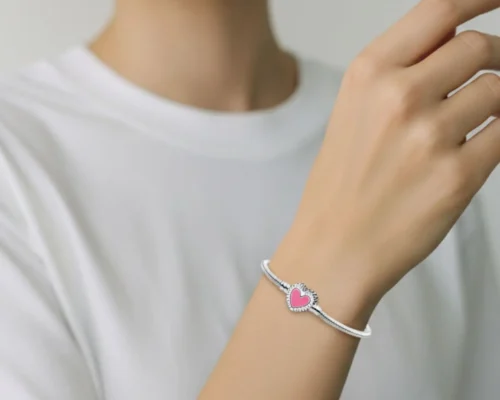 Pulsera De Plata Charms Corazon Rosa
