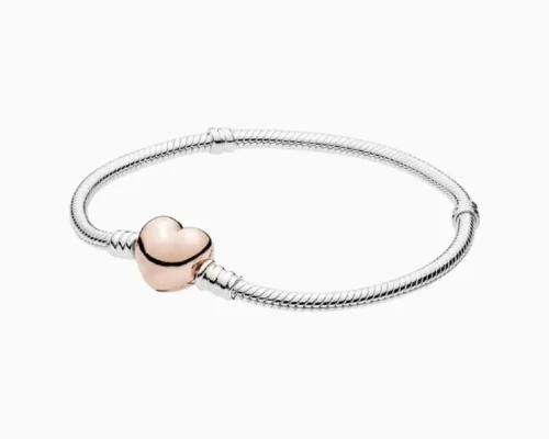 Pulsera De Plata Charms Corazon Rosa Liso