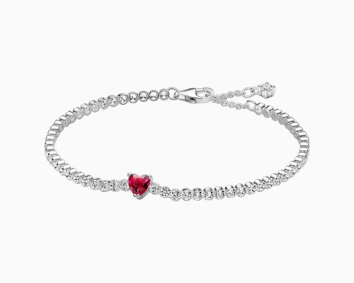 Pulsera De Plata Tenis Corazon Rojo
