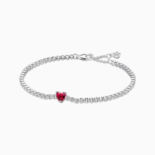 Pulsera De Plata Tenis Corazon Rojo