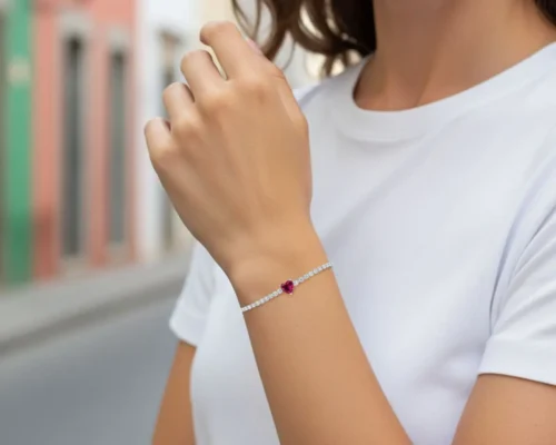 Pulsera De Plata Tenis Corazon Rojo