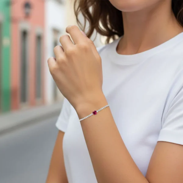 Pulsera De Plata Tenis Corazon Rojo