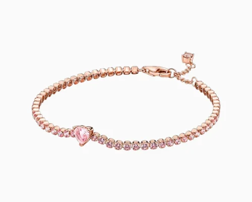 Pulsera De Plata Tenis Corazon Rosa